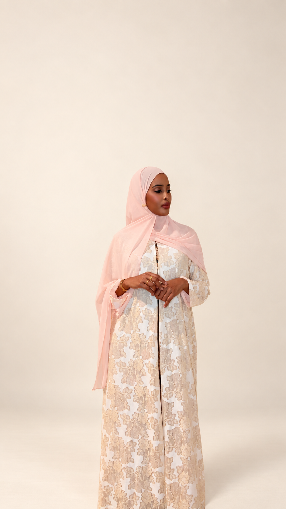 Soft Peach Floral Lace Button-Front Abaya