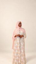 Soft Peach Floral Lace Button-Front Abaya