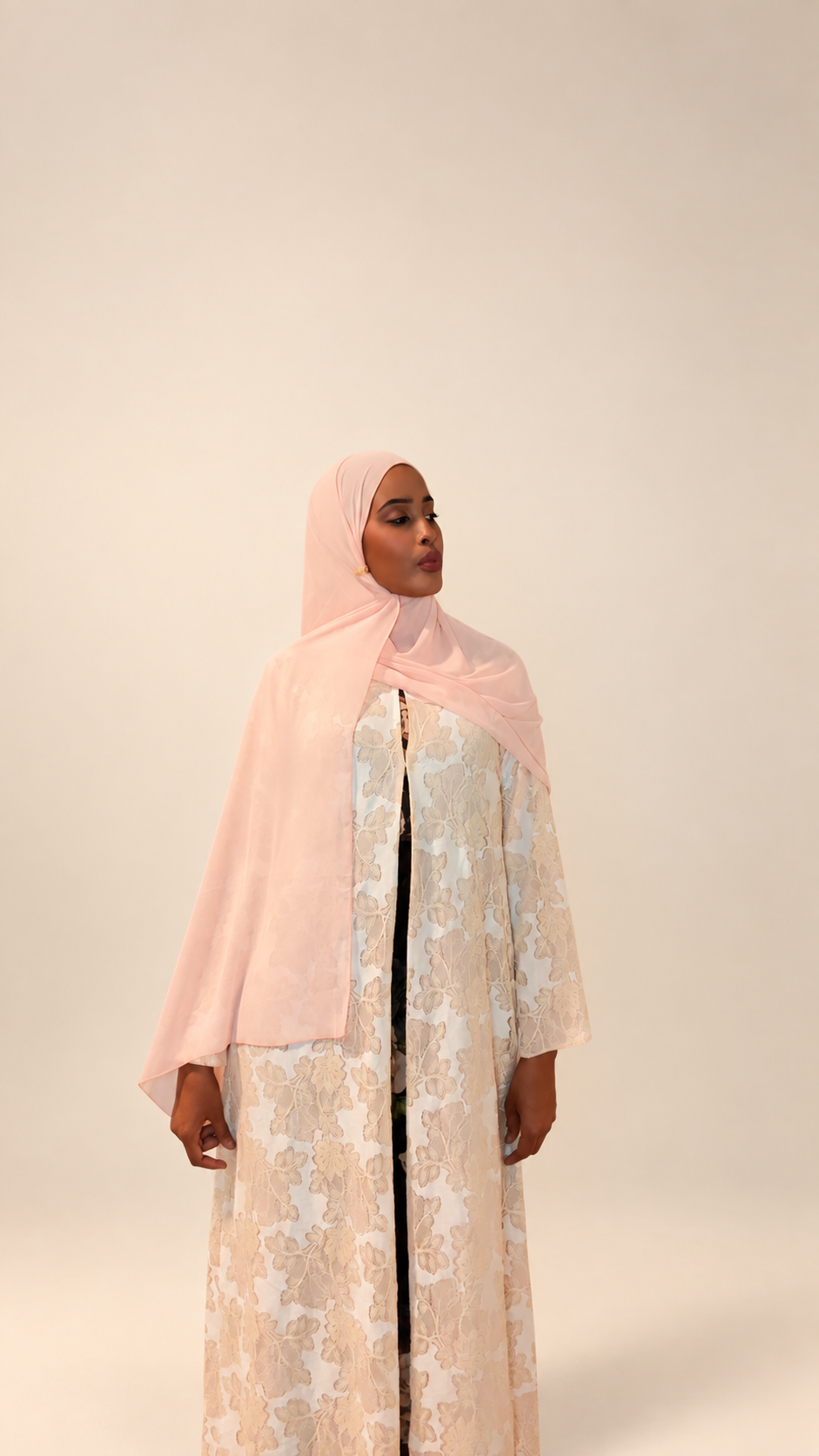 Soft Peach Floral Lace Button-Front Abaya