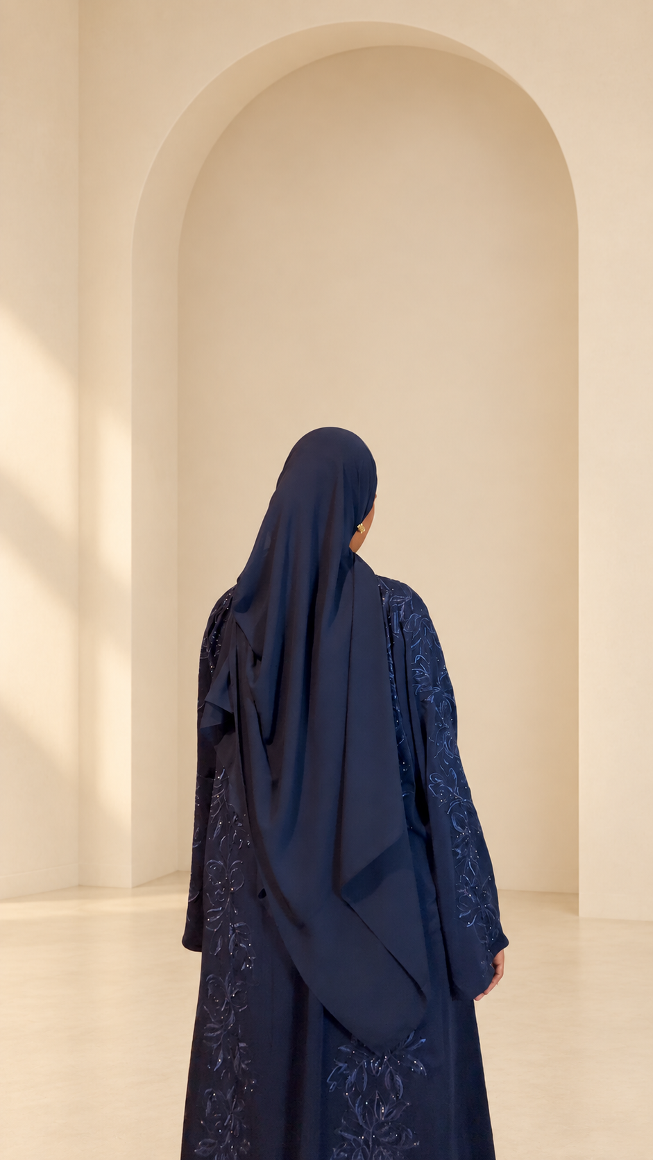 Midnight Navy Floral Embroidered Open Abaya