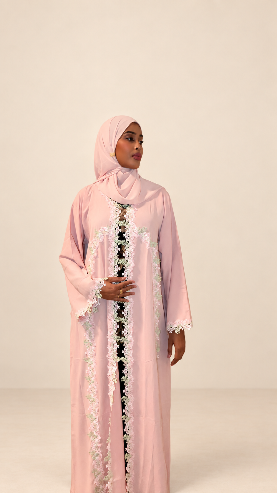 Dusty Rose Pastel Floral Lace Button-Front Abaya
