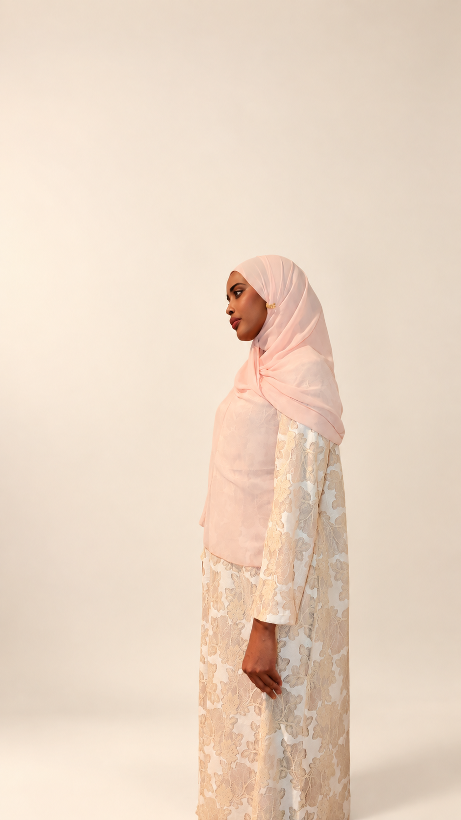 Soft Peach Floral Lace Button-Front Abaya