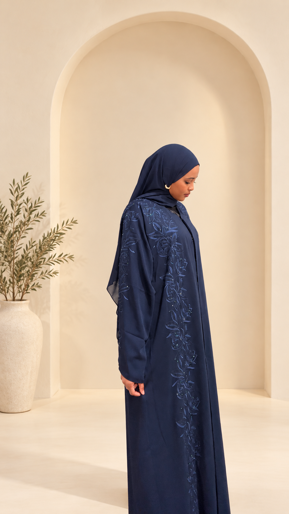 Midnight Bloom Navy Blue Floral Embroidered Abaya | AXDI Modesty