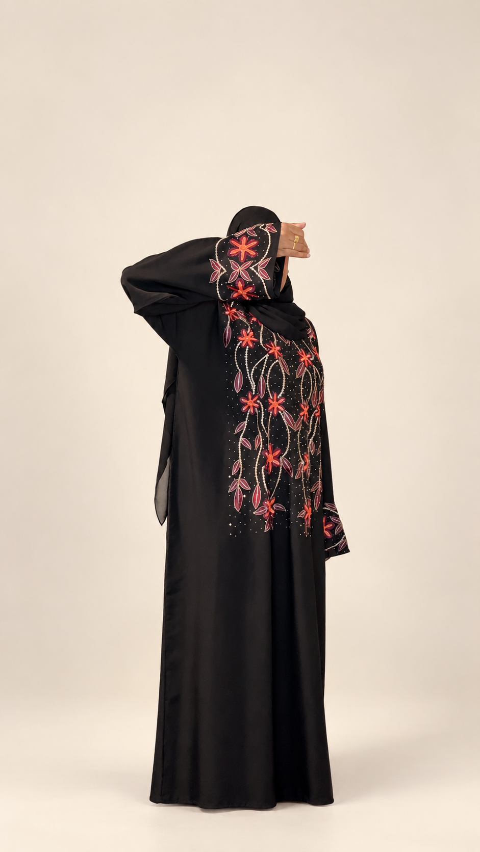 Black Multicolor Floral Embroidered Closed Abaya