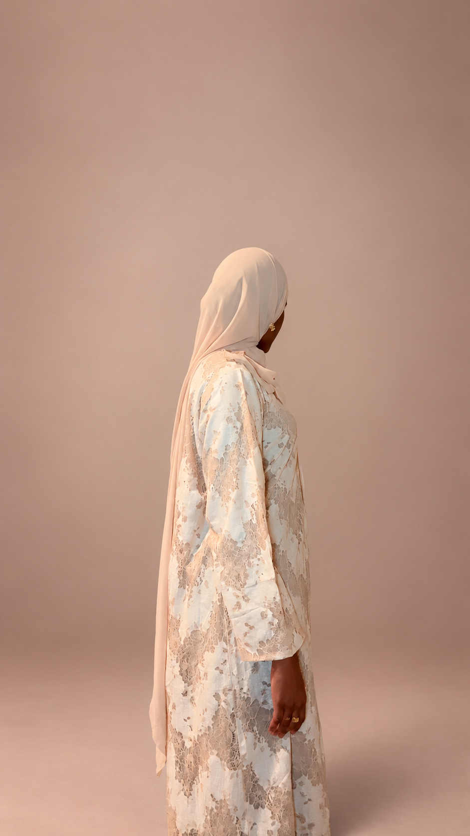 Beige Floral Lace Button-Front Abaya