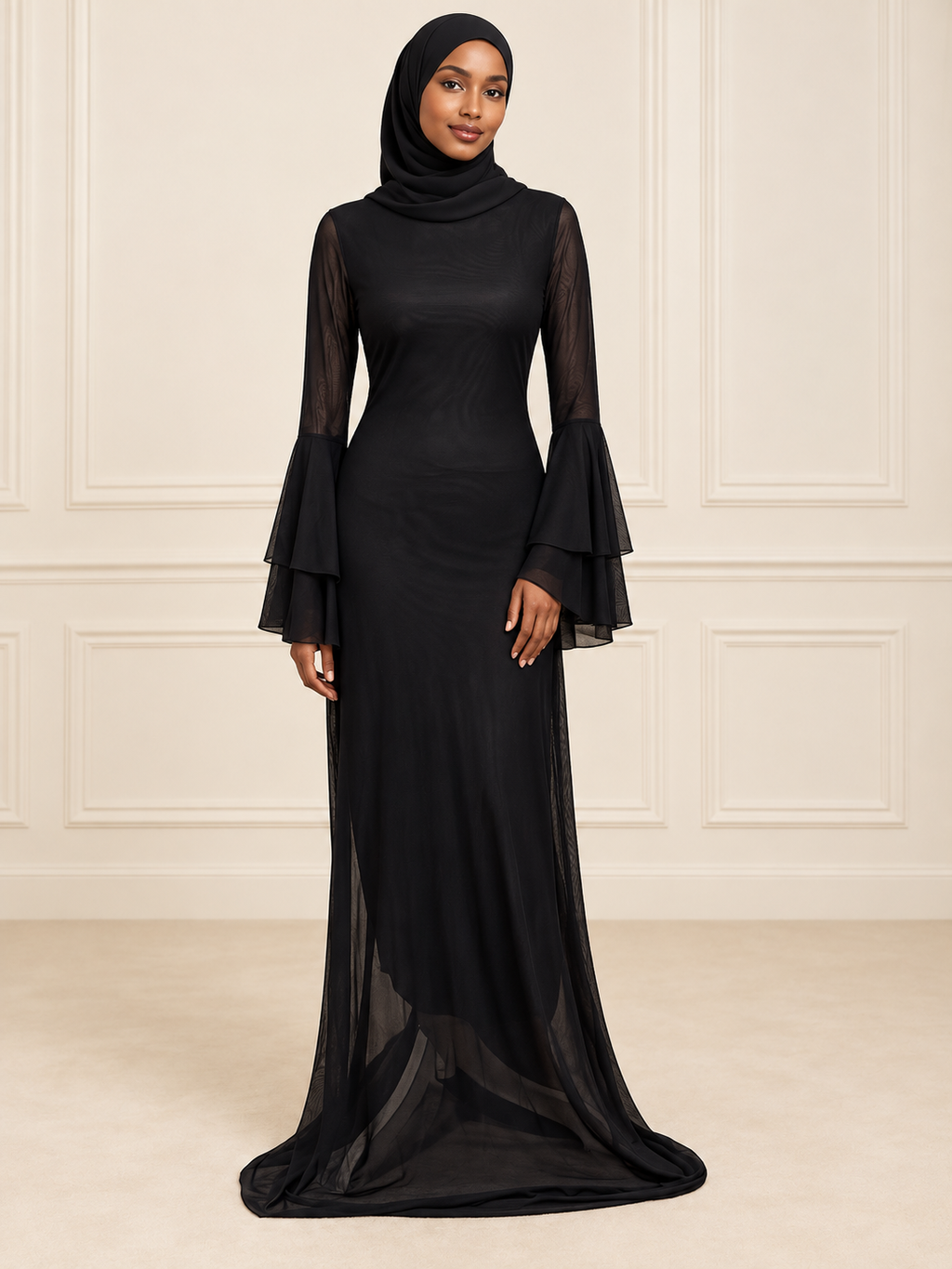 Black Layered Bell-Sleeve Maxi Dress