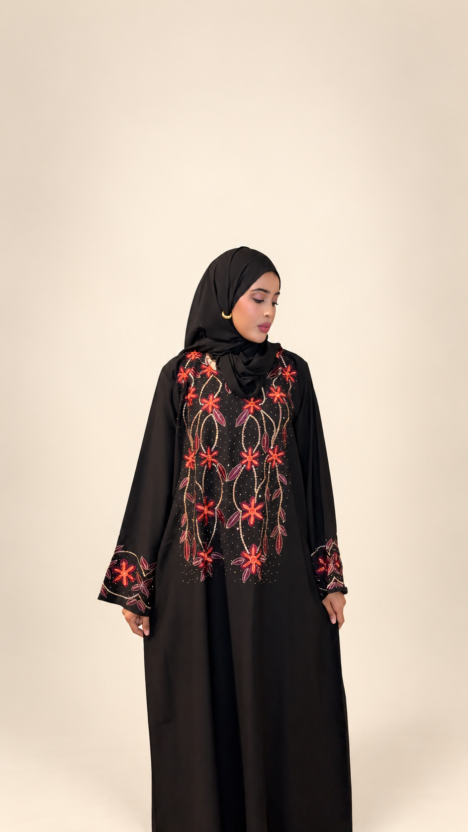 Black Multicolor Floral Embroidered Closed Abaya