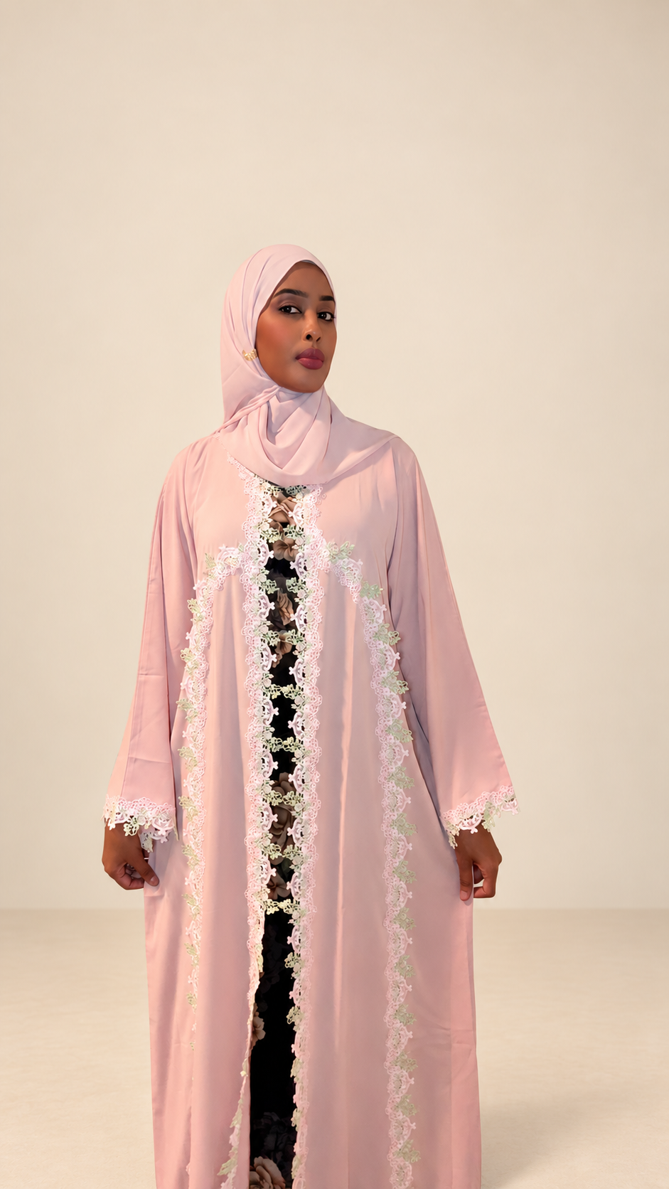 Dusty Rose Pastel Floral Lace Button-Front Abaya