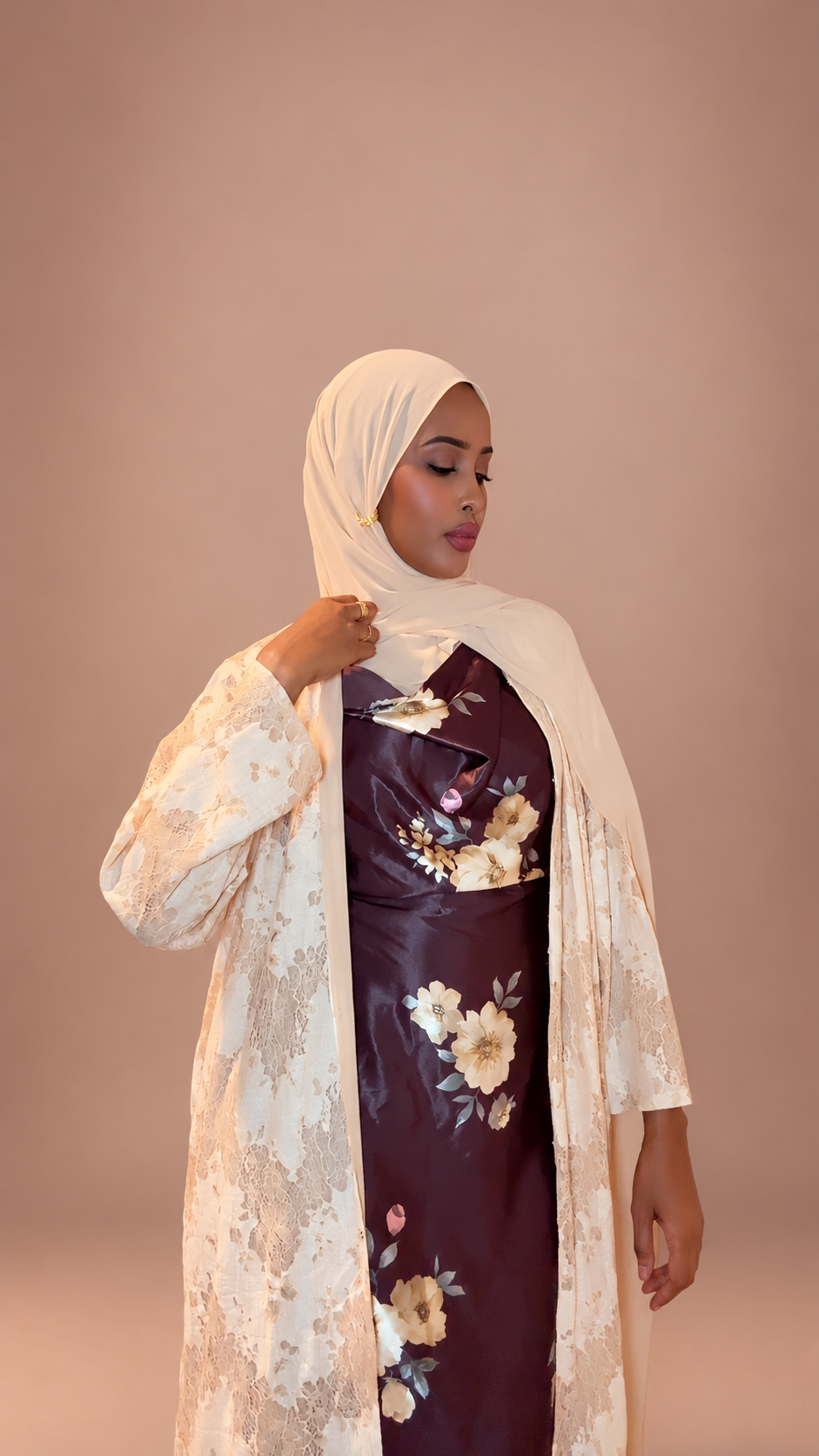 Beige Floral Lace Button-Front Abaya