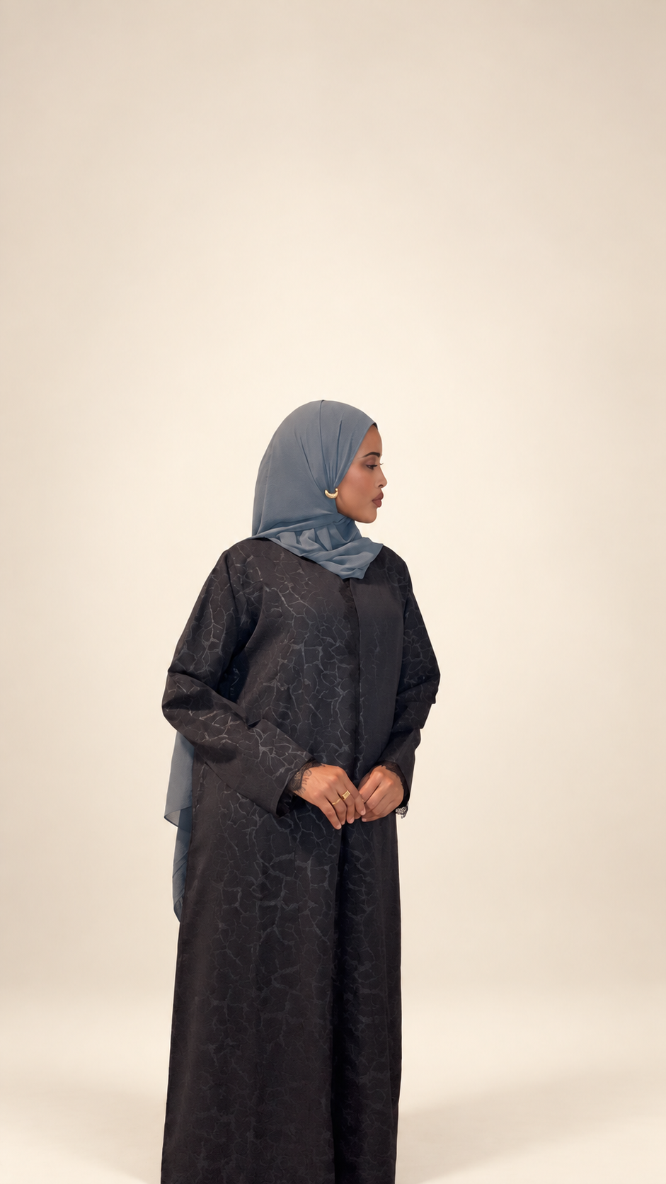 Black Textured Abaya with Charcoal Gray Hijab