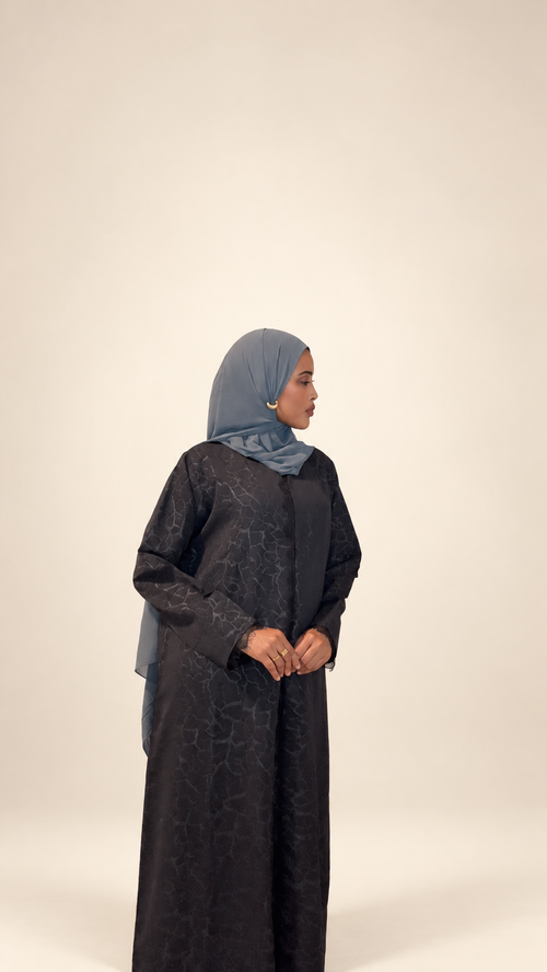 Black Textured Abaya with Charcoal Gray Hijab