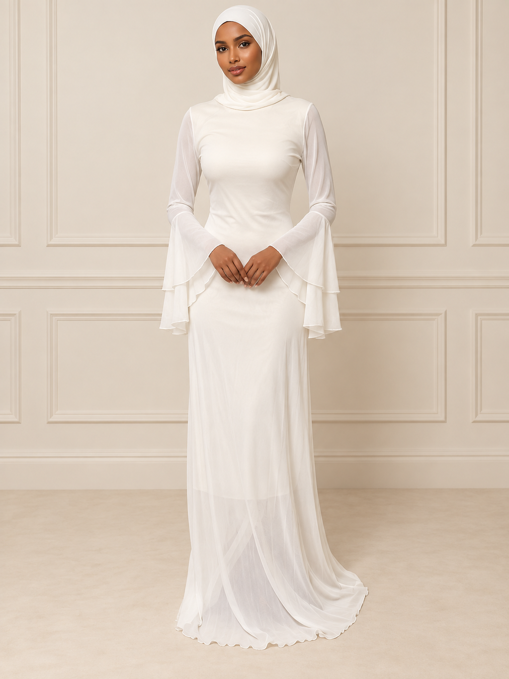 White Layered Bell-Sleeve Maxi Dress
