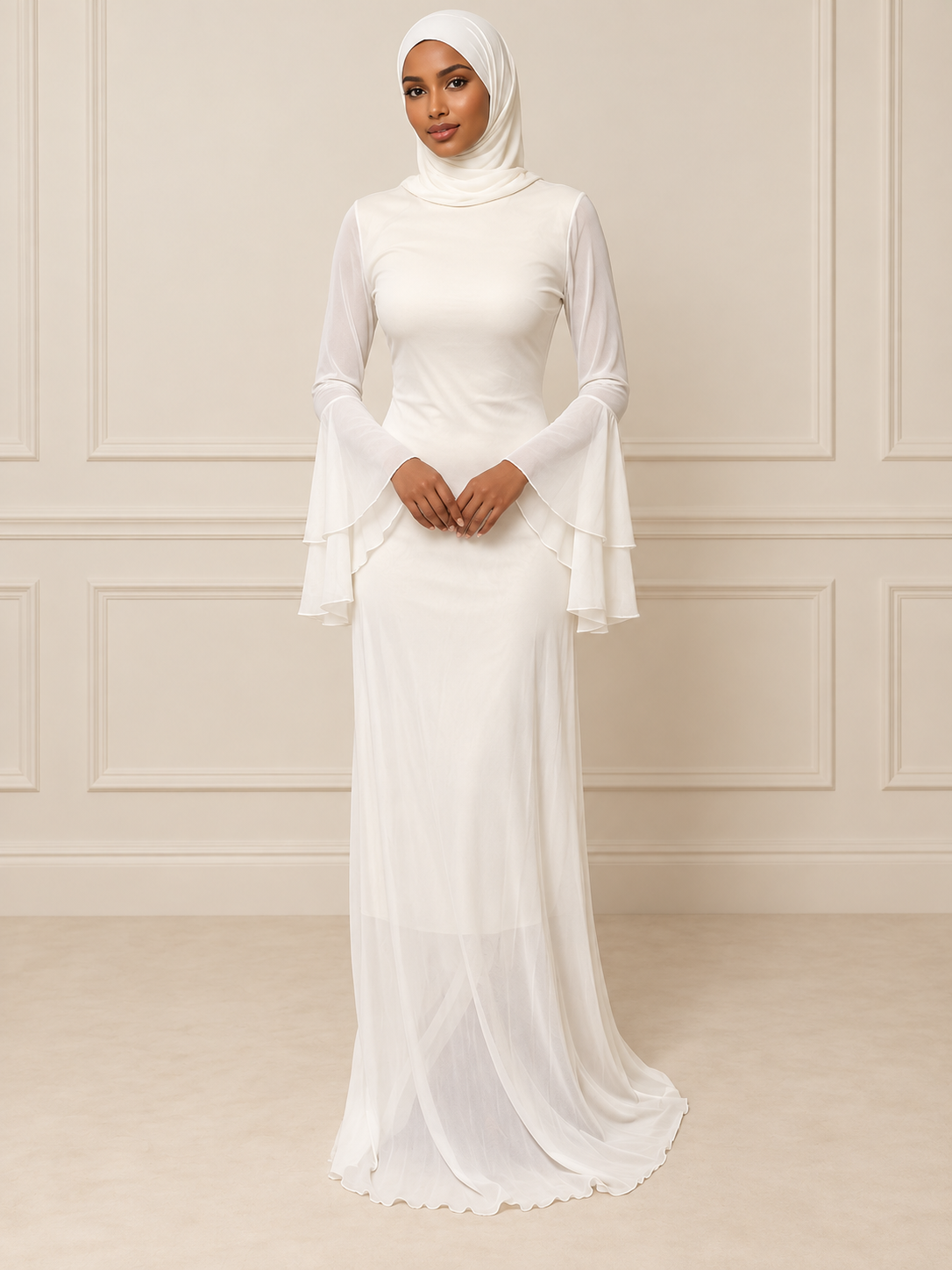 White Layered Bell-Sleeve Maxi Dress