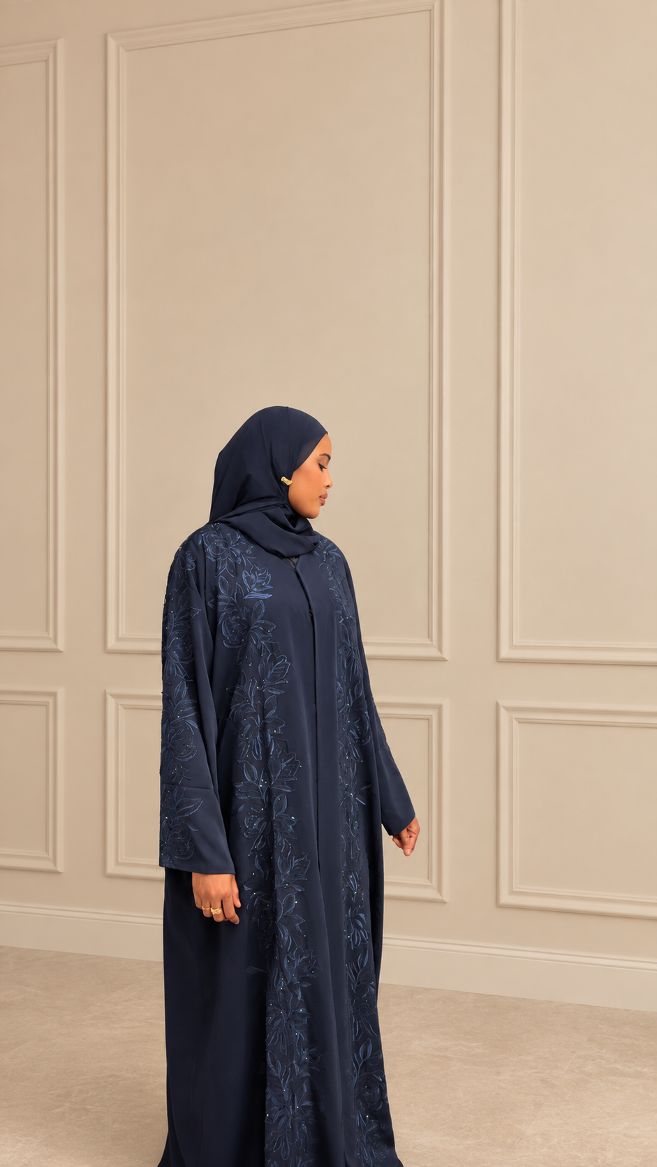 Midnight Navy Floral Embroidered Open Abaya