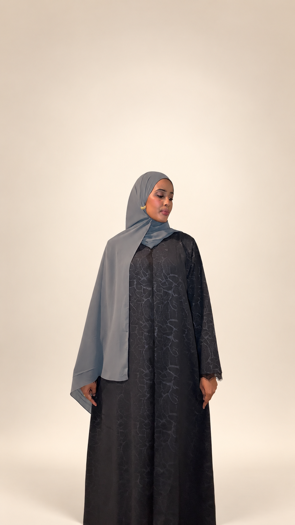 Black Textured Abaya with Charcoal Gray Hijab