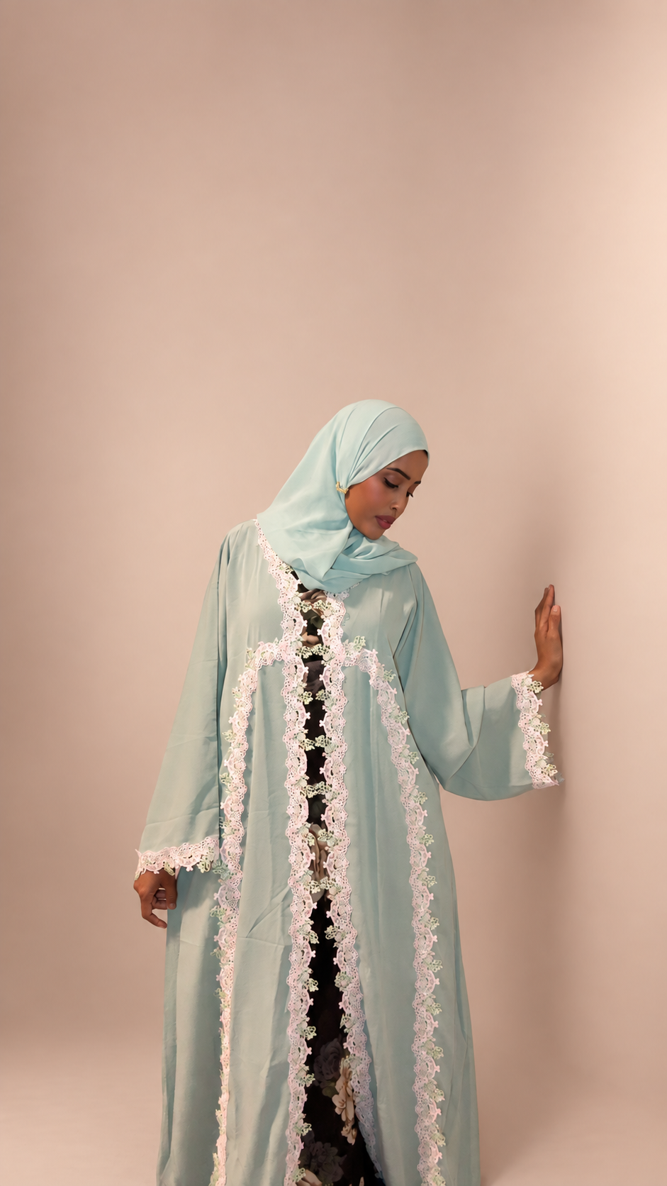 Muted Sage Green Pastel Floral Lace Abaya