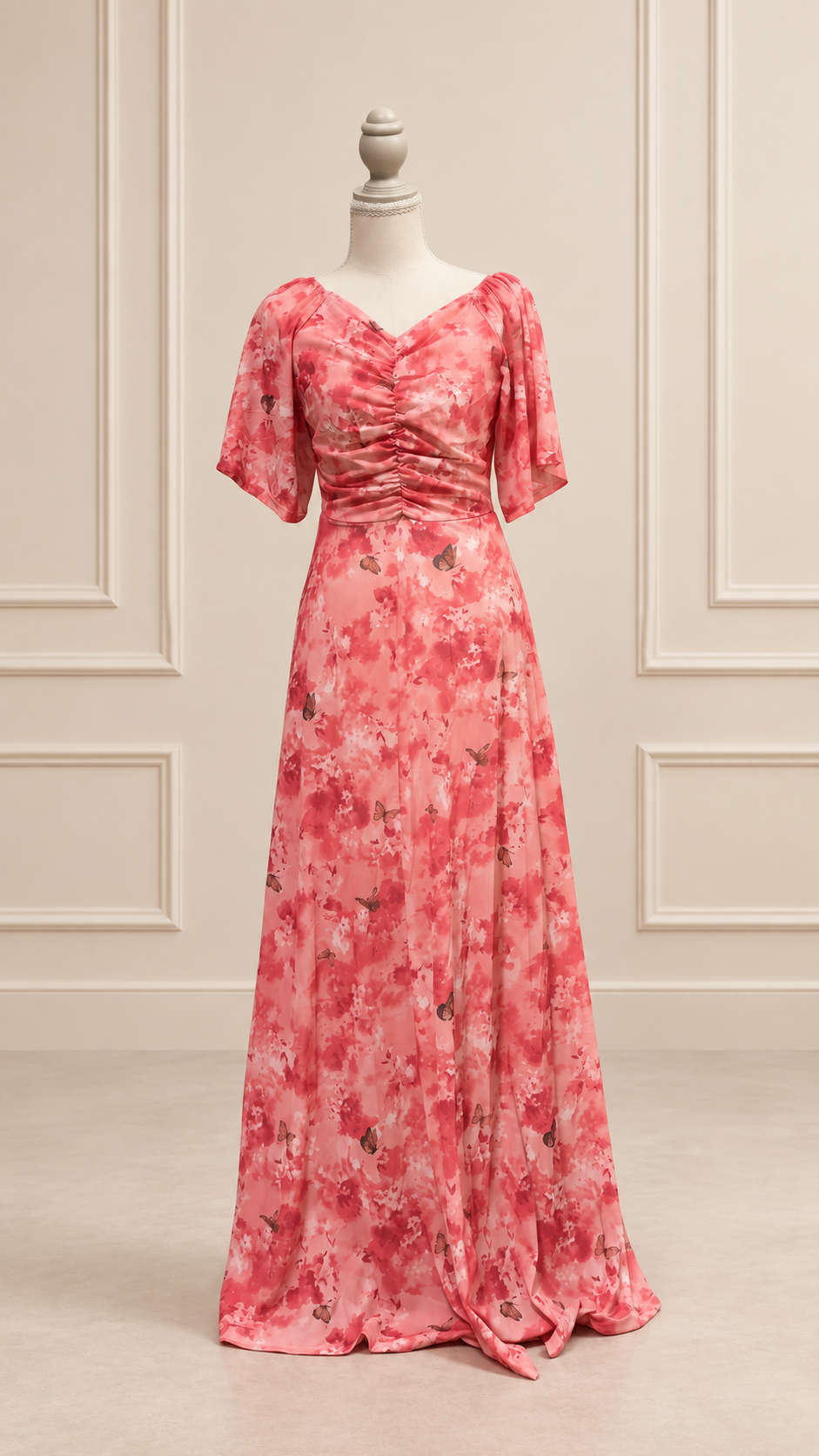 Coral Pink Butterfly Garden Maxi Dress