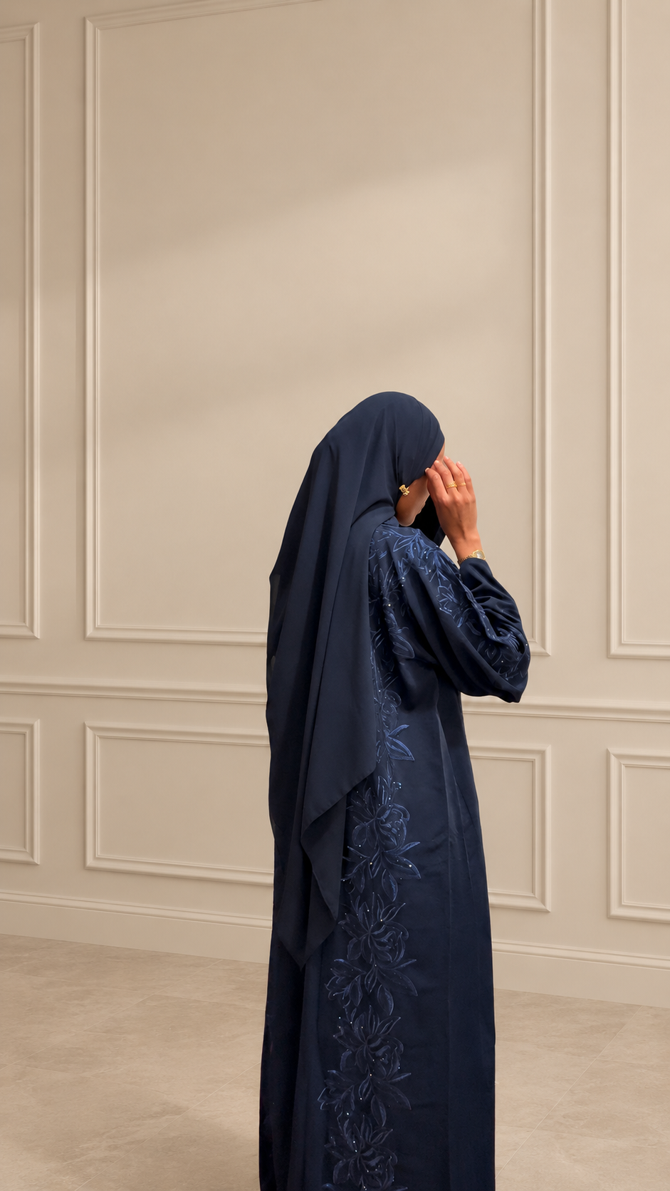 Midnight Navy Floral Embroidered Open Abaya