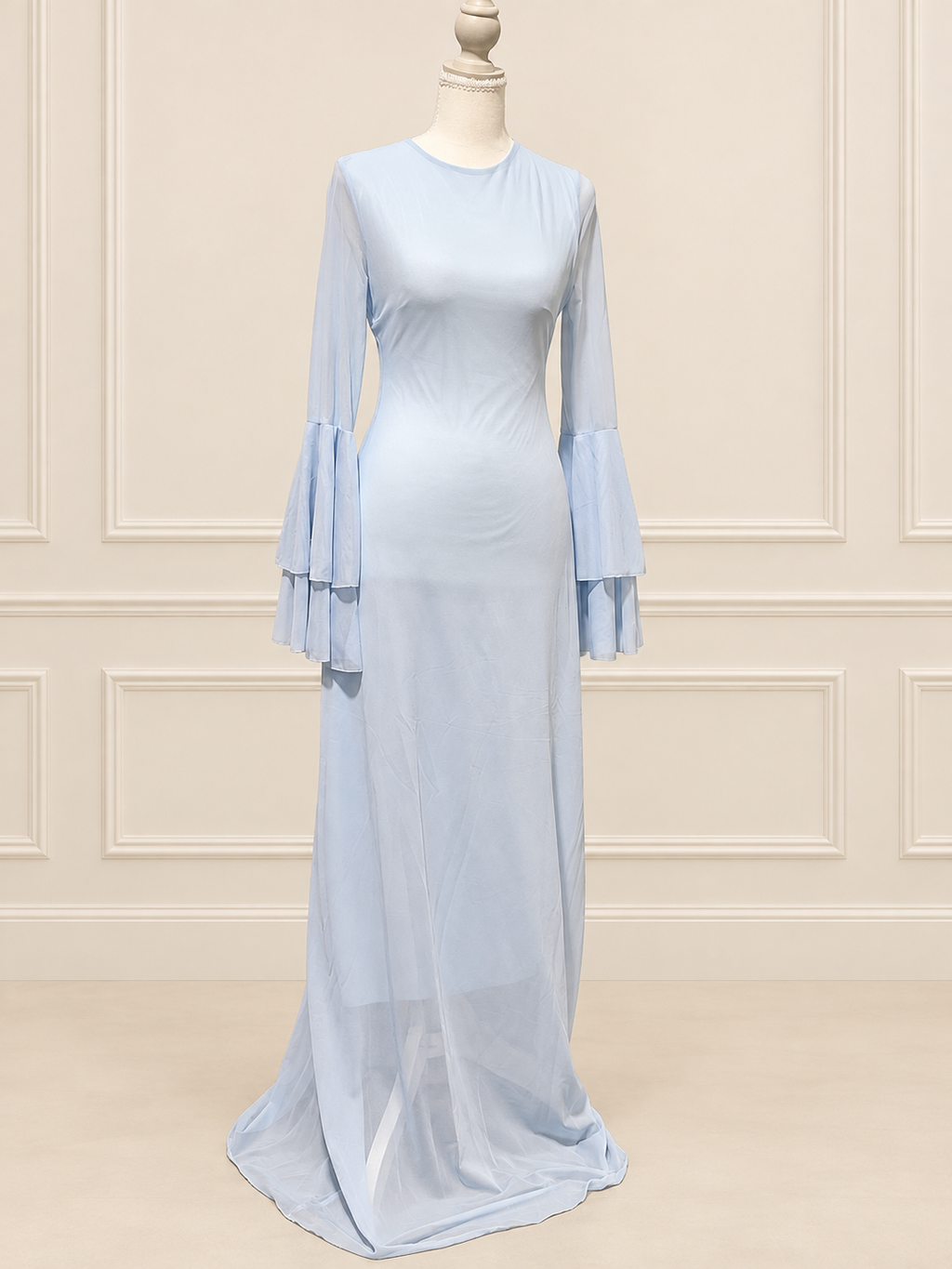 Baby Blue Layered Bell-Sleeve Maxi Dress