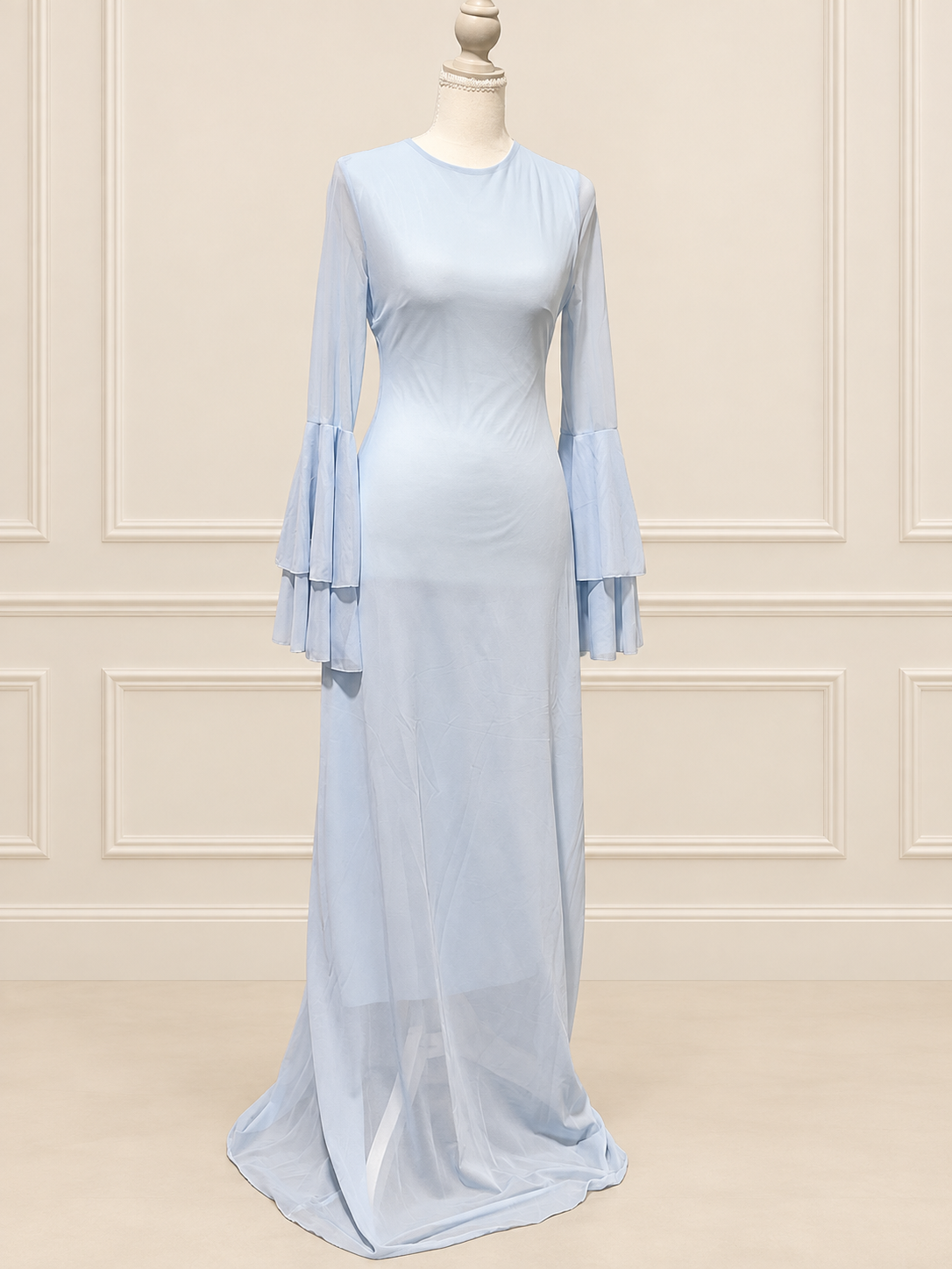 Baby Blue Layered Bell-Sleeve Maxi Dress
