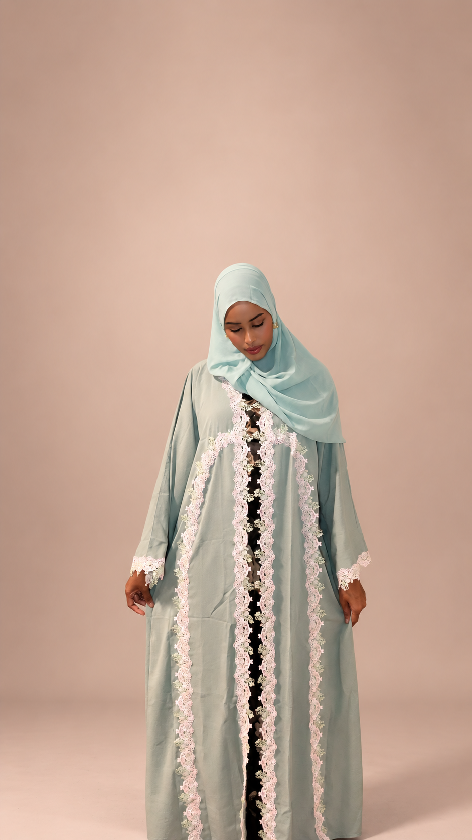 Muted Sage Green Pastel Floral Lace Abaya