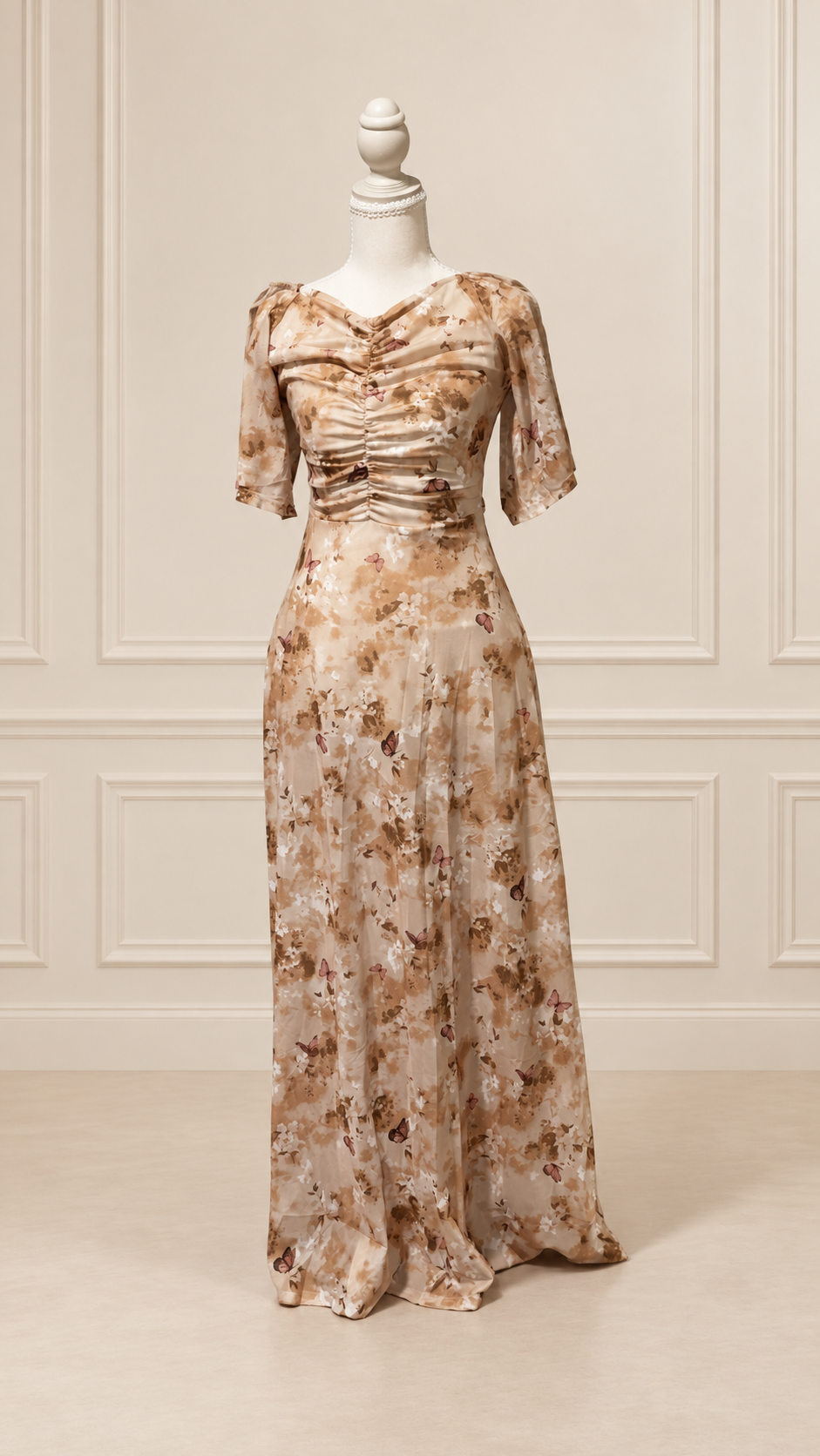 Warm Beige Butterfly Garden Maxi Dress