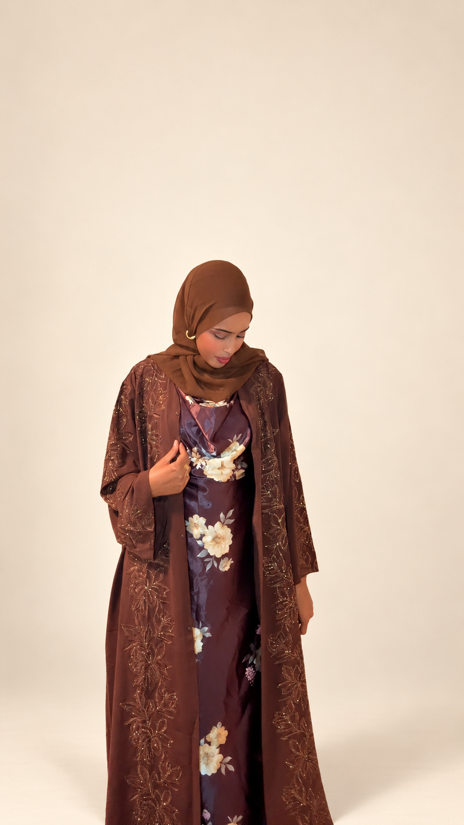 Mocha Brown Floral Crystal Embellished Abaya