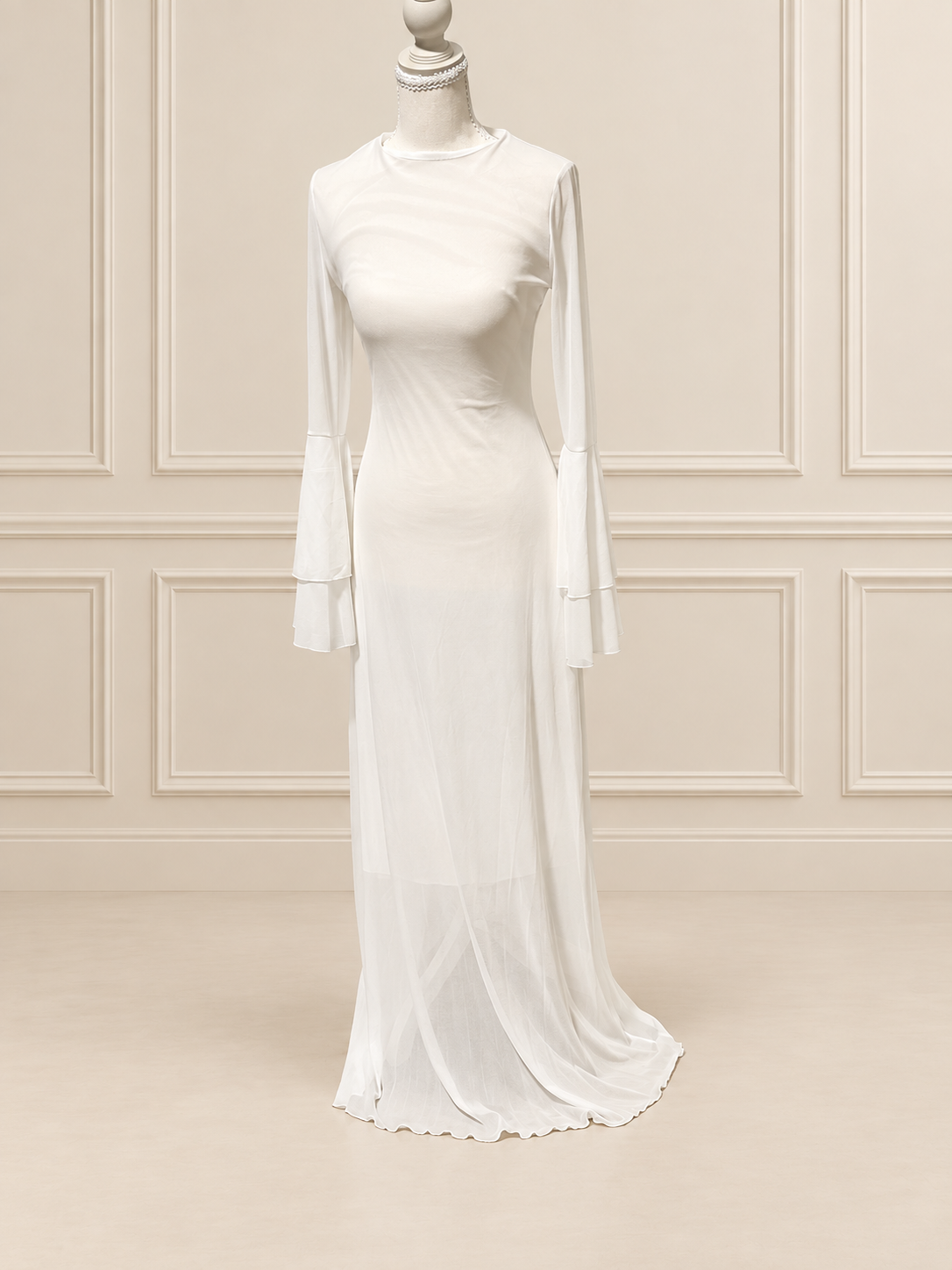 White Layered Bell-Sleeve Maxi Dress