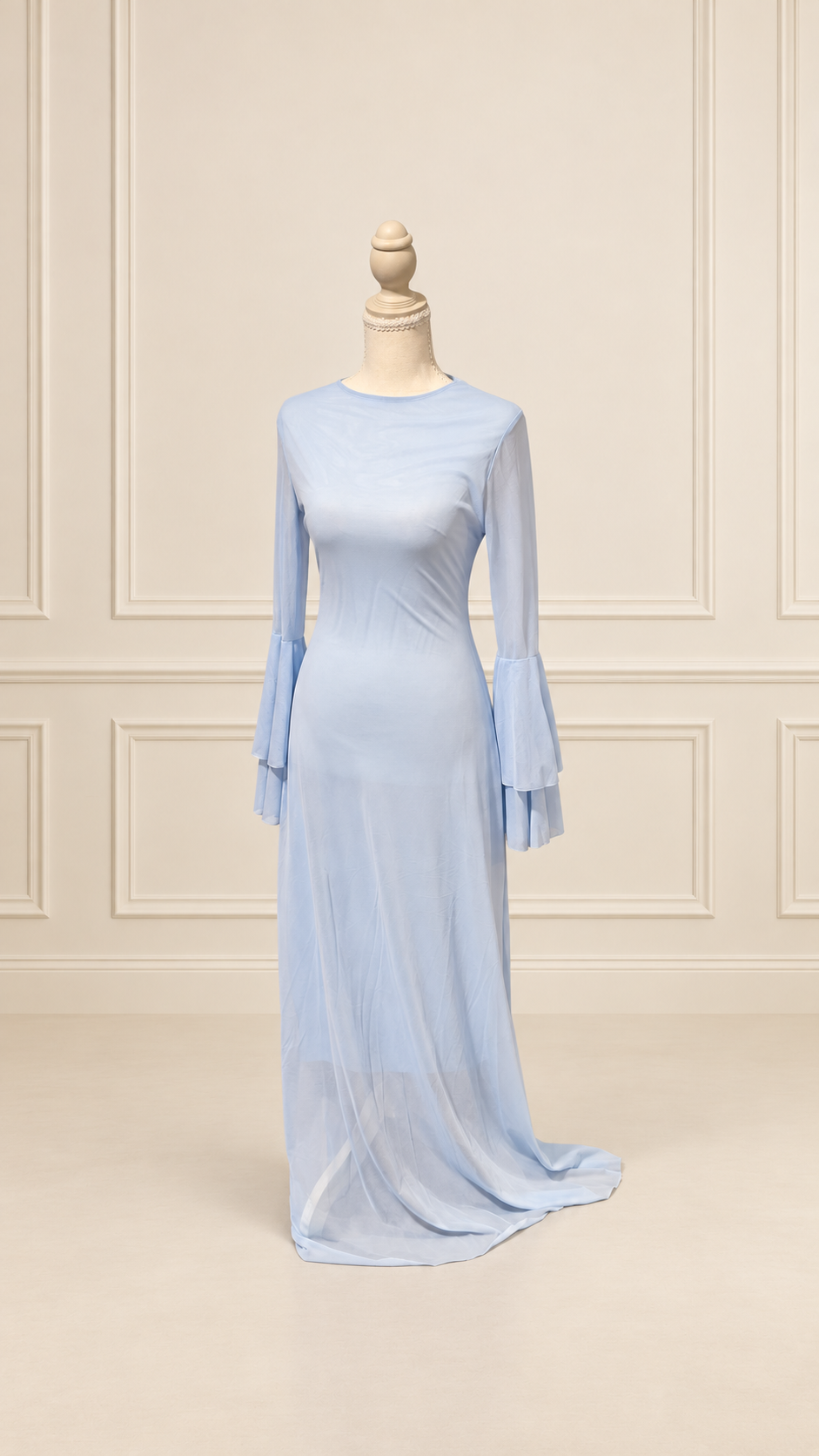 Baby Blue Layered Bell-Sleeve Maxi Dress
