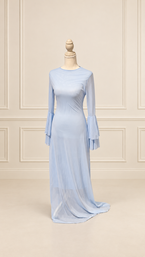 Baby Blue Layered Bell-Sleeve Maxi Dress