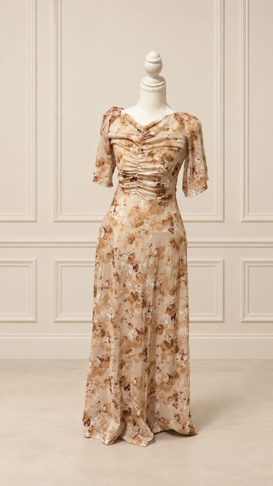 Warm Beige Butterfly Garden Maxi Dress