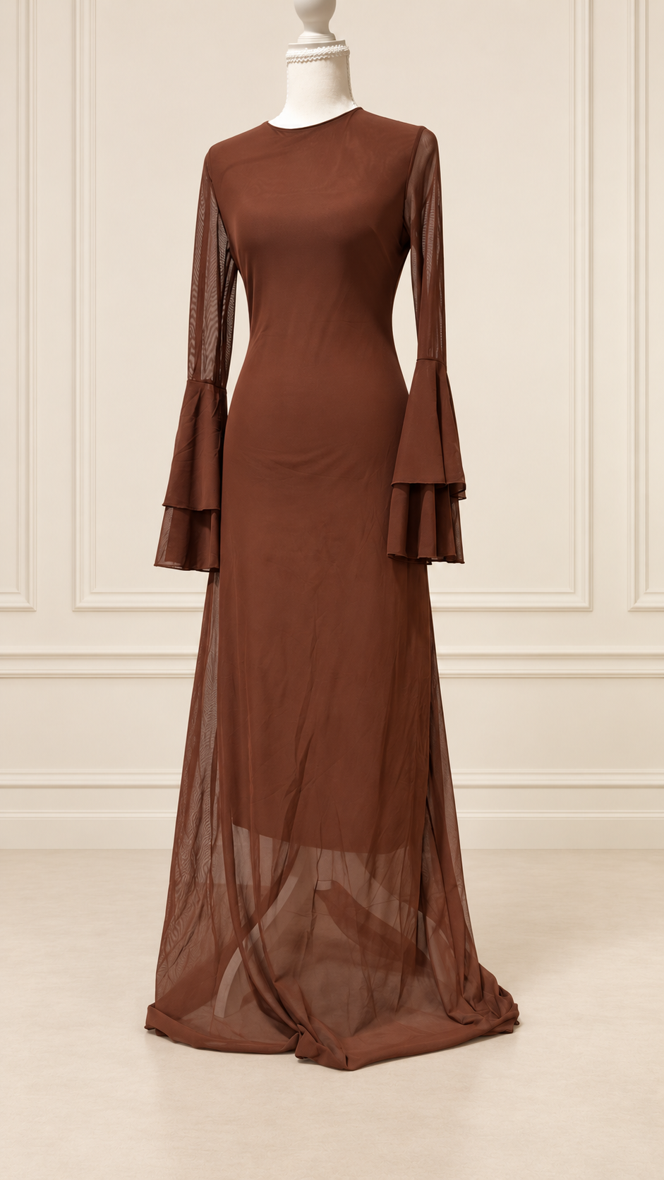 Chocolate Brown Layered Bell-Sleeve Maxi Dress
