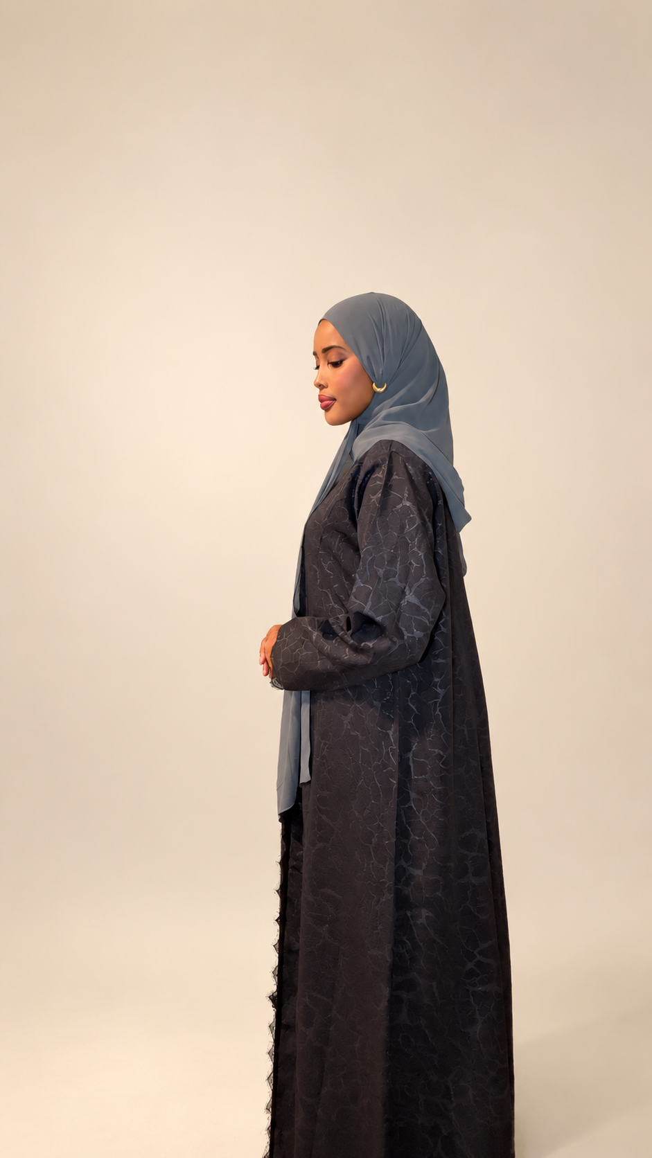 Black Textured Abaya with Charcoal Gray Hijab