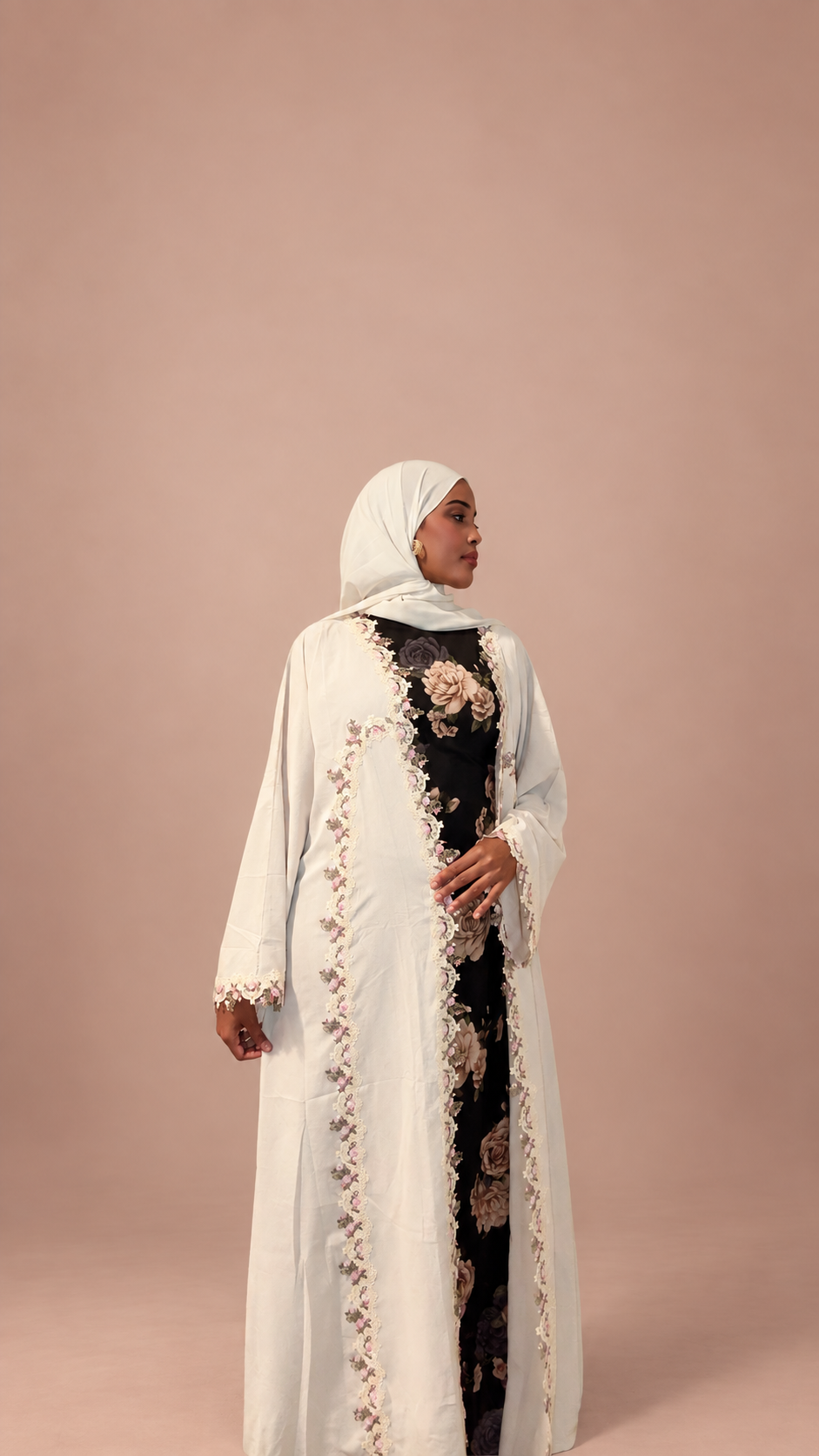 Cream Pink Floral Lace Abaya
